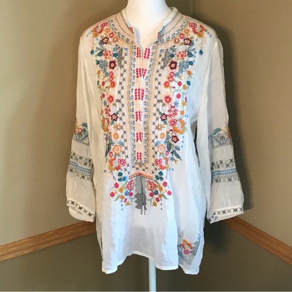 Johnny Was Tops - JOHNNY WAS White Rayon Tunic Blouse Top Colorful Floral EMBROIDERY Size Small